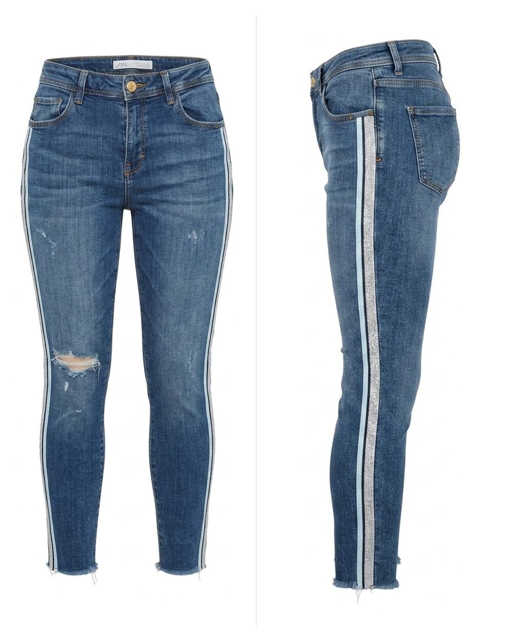 Zara Blue Glitter Side Stripe Medium Wash Skinny Jeans Women Size 6